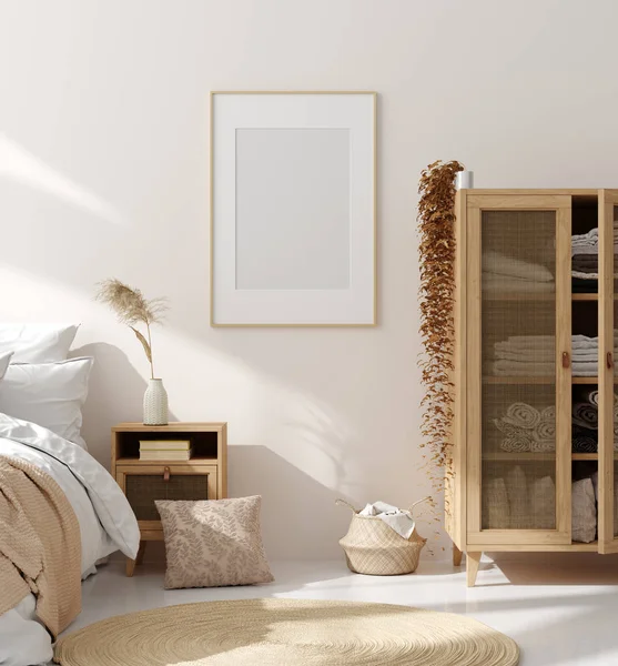 Mock Frame Slaapkamer Interieur Beige Kamer Met Natuurlijke Houten Meubels — Stockfoto