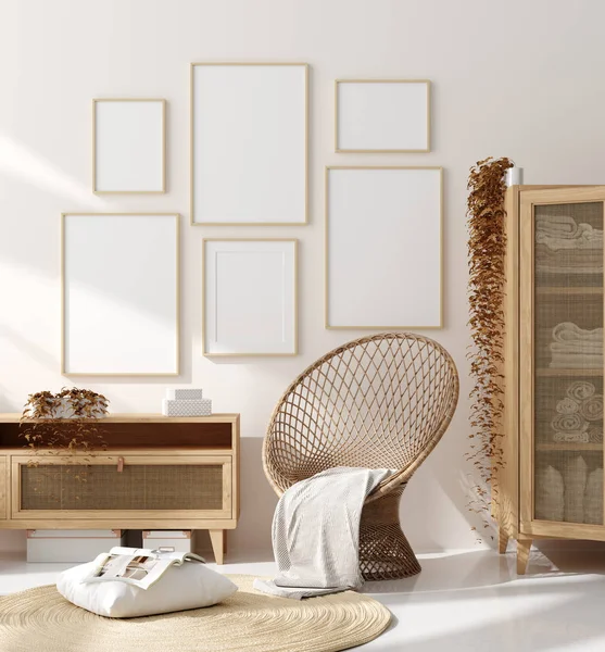 室内装饰框 米色房间 有天然木制家具 斯堪的纳维亚风格 3D渲染 — 图库照片