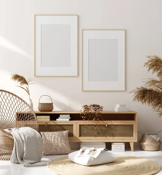 室内装饰框 米色房间 有天然木制家具 斯堪的纳维亚风格 3D渲染 — 图库照片