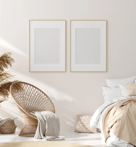 Marco Simulado Interior Del Dormitorio Habitación Beige Con Muebles Madera — Foto de Stock