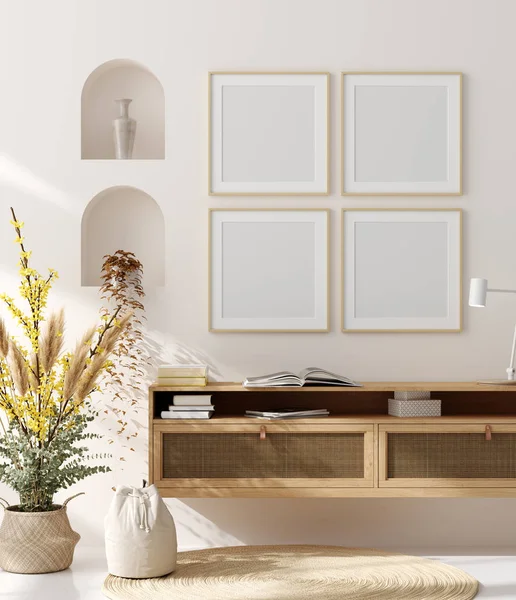 Finta Cornice Casa Sfondo Interno Camera Beige Con Mobili Legno — Foto Stock