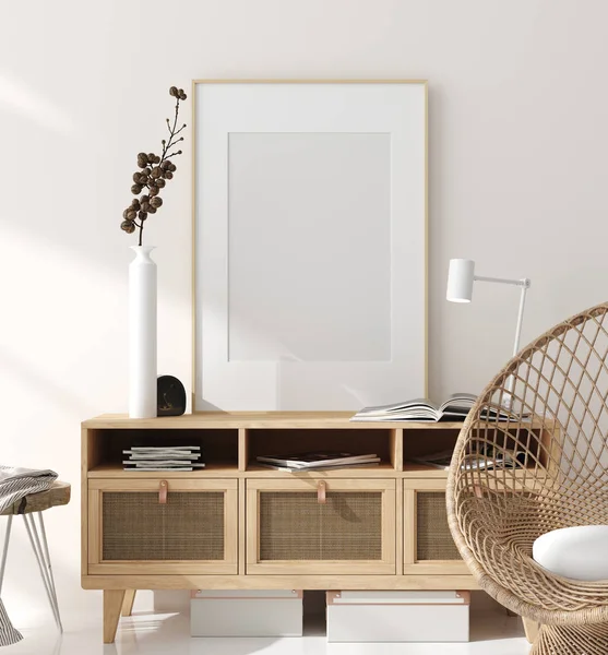 Mock Rahmen Wohninterieur Hintergrund Beige Zimmer Mit Natürlichen Holzmöbeln Skandinavischen — Stockfoto