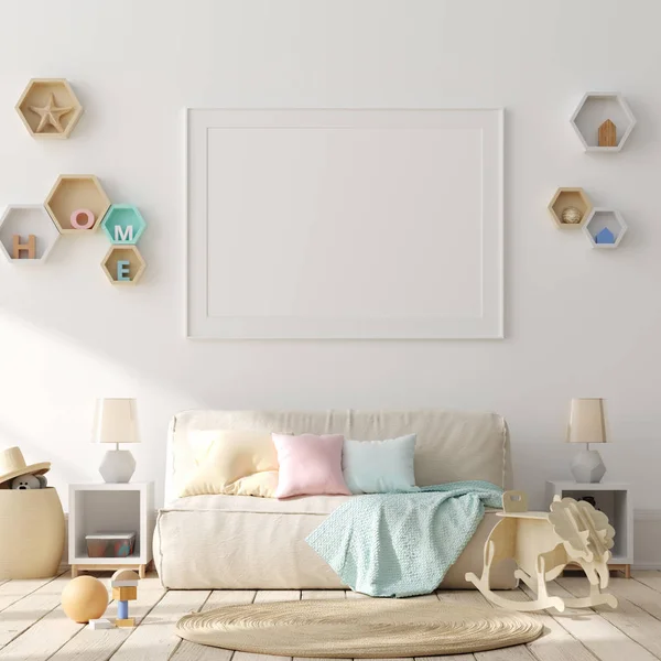 子供の寝室のインテリアの背景 スカンジナビアスタイル 3Dレンダリングでポスターフレームをモックアップ — ストック写真