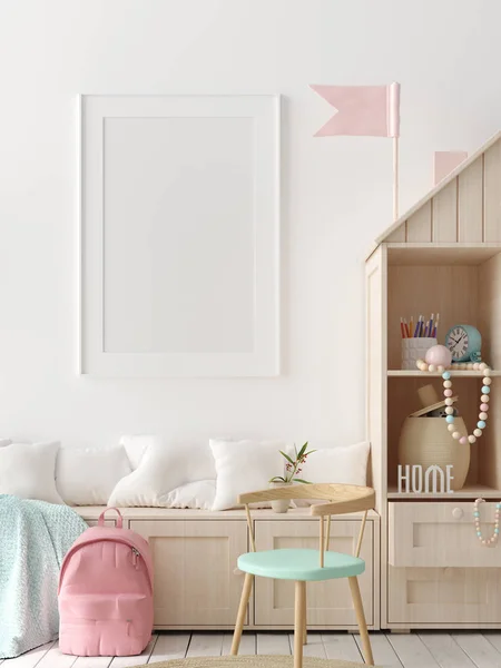 Sahte poster, çocuk yatak odası iç arka plan duvar, İskandinav tarzı, 3d render
