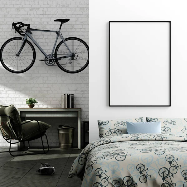 Mock Poster Boy Teenage Bedroom Interior Background Industrial Style Render — Stock Photo, Image