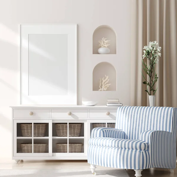 Ev iç arka planda çerçeve kadar Mock, deniz dekor ile kıyı tarzı oturma odası, 3d render
