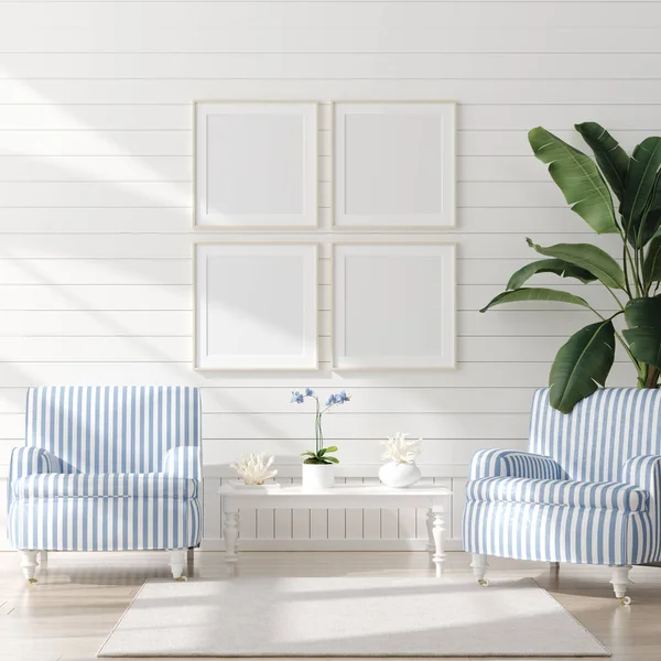 Ev iç arka planda çerçeve kadar Mock, deniz dekor ile kıyı tarzı oturma odası, 3d render