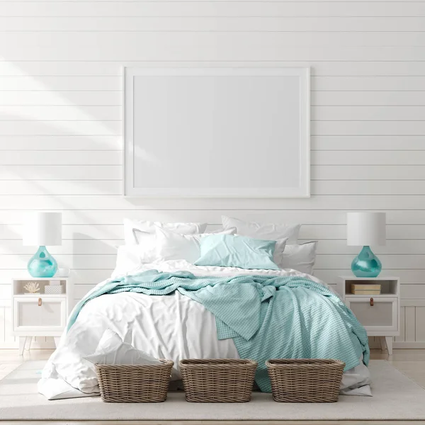 Mock Up Frame In Bedroom Interior Marine Room With Sea Decor And Furniture Coastal Style 3d Render Stock Images Page Everypixel Mock Up Frame In Bedroom Interior, Marine Style Furniture