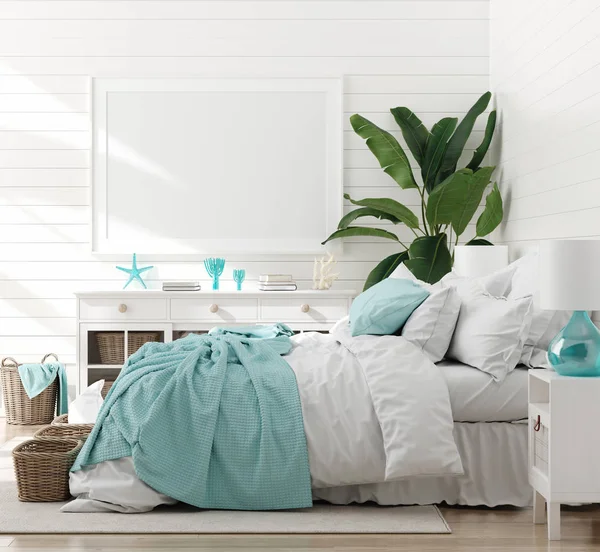 Yatak odası iç çerçeve kadar Mock, deniz dekor ve mobilya ile deniz odası, Kıyı tarzı, 3d render