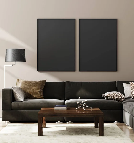 Poster Attrappe Wand Luxuriösem Modernem Wohnzimmerinterieur Render — Stockfoto