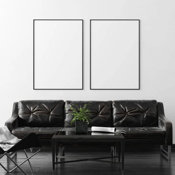 Poster Wall Mockup Interior Background Dark Furniture Industrial Style Render — Stock Photo, Image