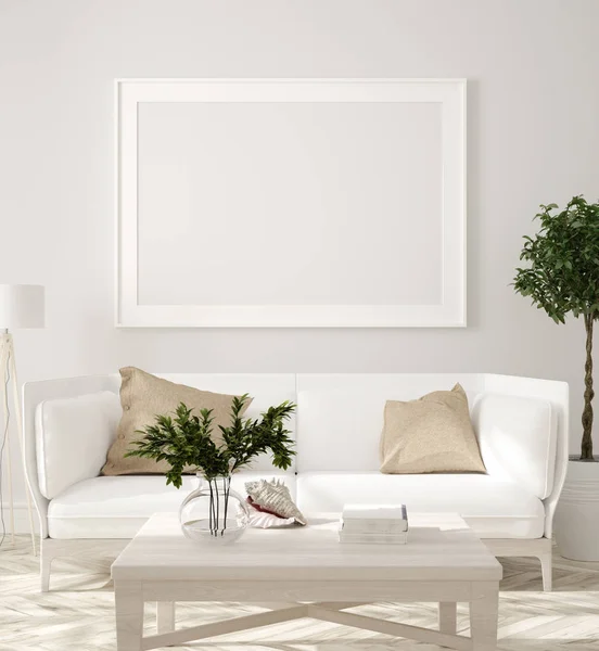 Cartaz Mockup Parede Interior Bege Com Sofá Branco Mesa Madeira — Fotografia de Stock