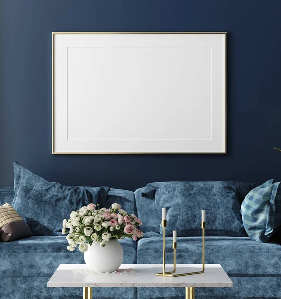 海报在时髦的室内背景中模仿 深蓝色的房间与花束在桌子上 3D渲染 — 图库照片