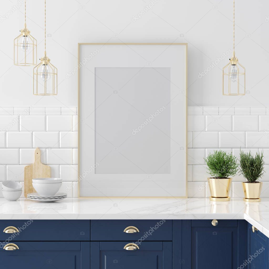 Mock up poster frame close-up in kitchen interior, American style, 3d render