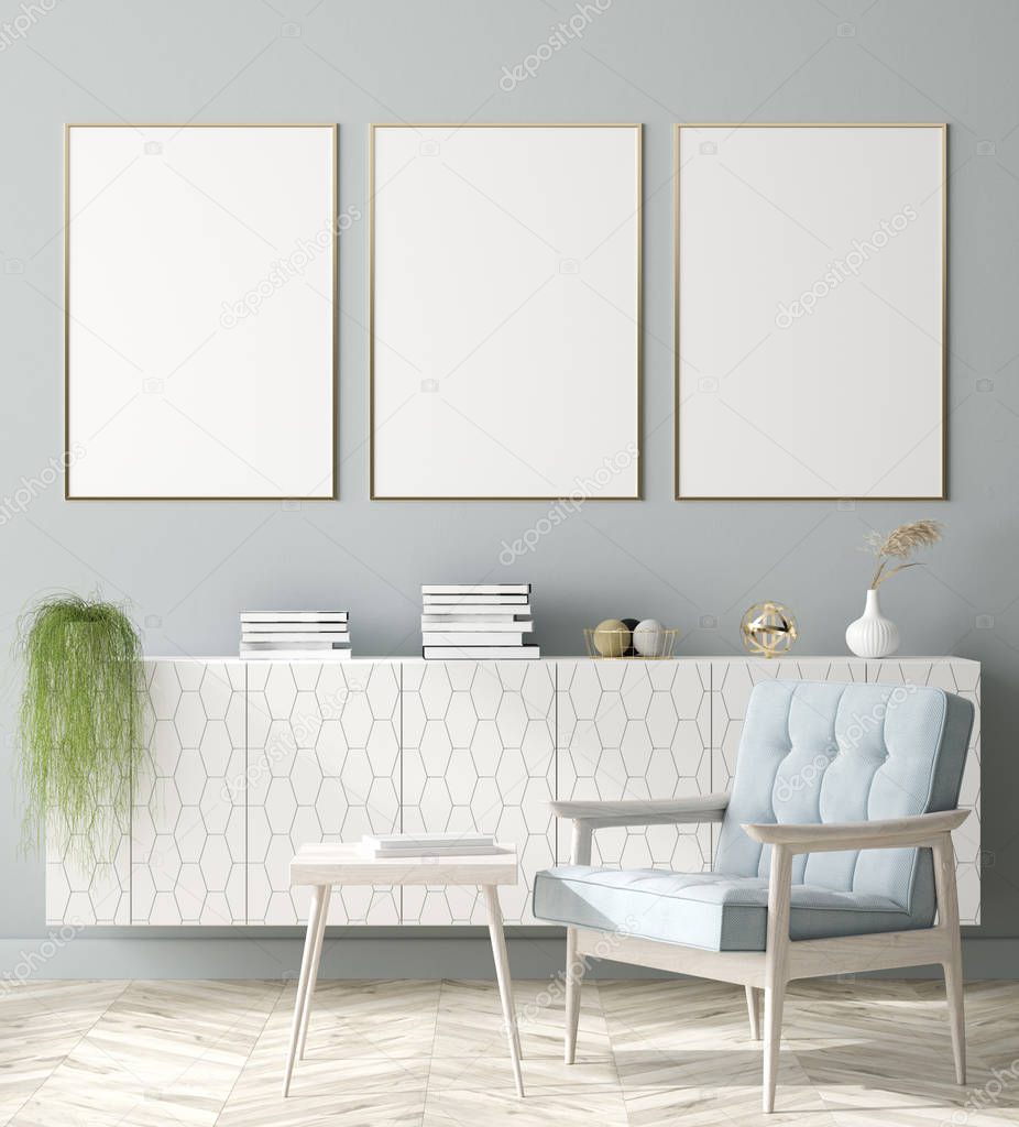 Mock up poster frame in home interior background, Scandinavian style, 3D render