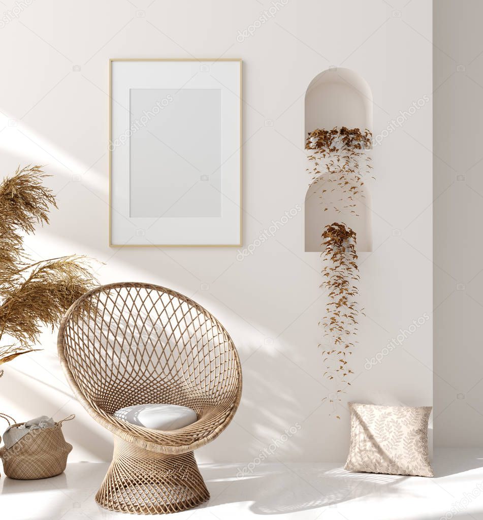 Mock up frame in home interior background, beige room with natural wooden furniture, Scandinavian style, 3d render