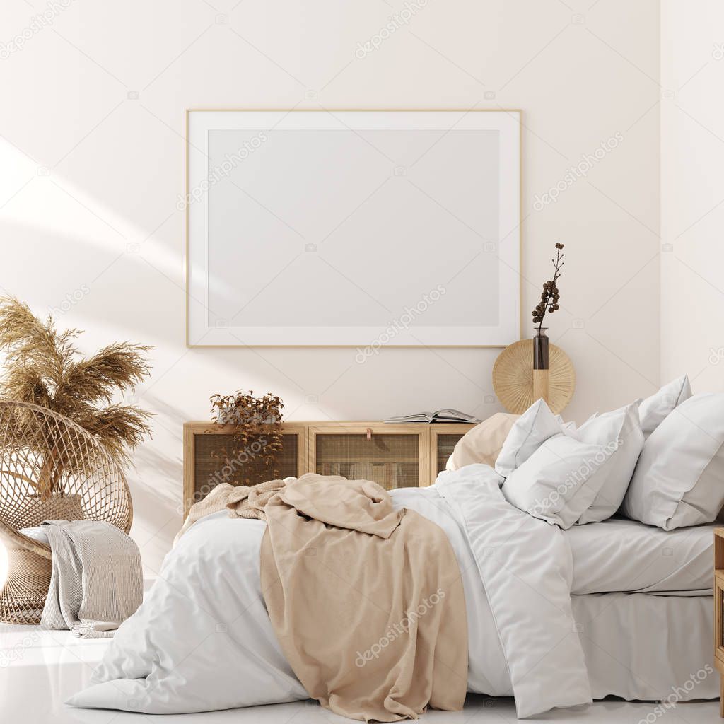 Mock up frame in bedroom interior, beige room with natural wooden furniture, Scandinavian style, 3d render