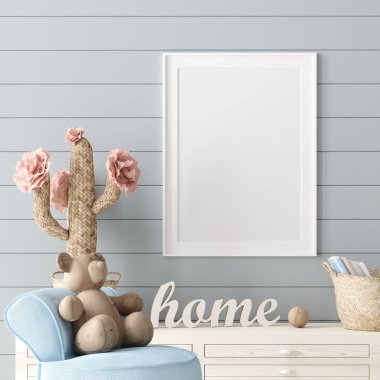 Çocuk odası arka planındaki posterleri, doğal hasır ve ahşap oyuncaklarla boyanmış pastel renkli odaları, 3D