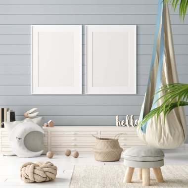 Çocuk odası arka planındaki posterleri, doğal hasır ve ahşap oyuncaklarla boyanmış pastel renkli odaları, 3D