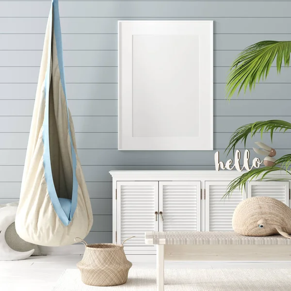 Mock Poster Children Room Background Pastel Color Room Natural Wicker — Stock Photo, Image