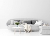 Domácí interiér s šedou pohovkou a bílou stěnou maketa nahoru, skandinávský styl, 3d vykreslení