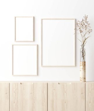 Oturma odasının iç tarafındaki poster çerçevesini düzenle. İskandinav tarzı. 3d hazırlayıcı