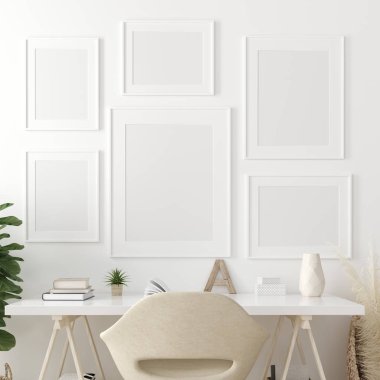 Poster ev içi arka plan, ev ofisi, Scandi-boho stili, 3D canlandırma