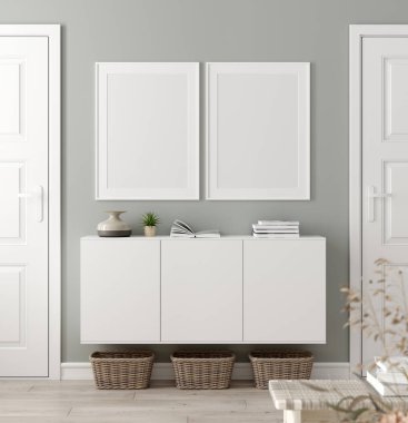 Oturma odasının iç tarafındaki poster çerçevesini düzenle. İskandinav tarzı. 3d hazırlayıcı