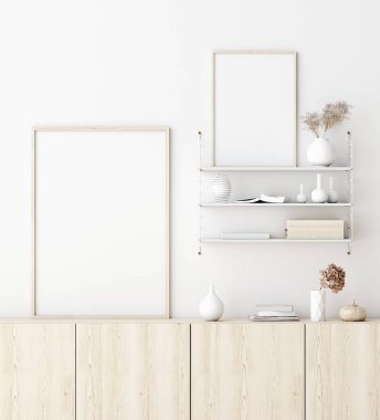 Oturma odasının iç tarafındaki poster çerçevesini düzenle. İskandinav tarzı. 3d hazırlayıcı