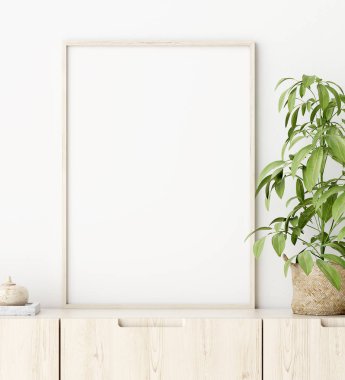 Oturma odasının iç tarafındaki poster çerçevesini düzenle. İskandinav tarzı. 3d hazırlayıcı