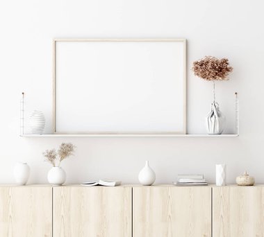 Oturma odasının iç tarafındaki poster çerçevesini düzenle. İskandinav tarzı. 3d hazırlayıcı