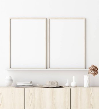 Oturma odasının iç tarafındaki poster çerçevesini düzenle. İskandinav tarzı. 3d hazırlayıcı