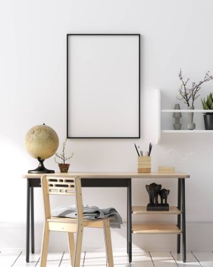 Sahte poster, çocuk yatak odası iç arka plan duvar, İskandinav tarzı, 3d render
