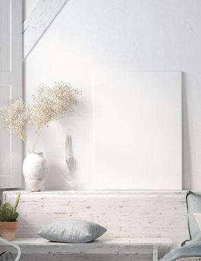 Poster, taşralı ev dekorasyonu, İskandinav yaşam tarzı konsepti, 3D çizim.