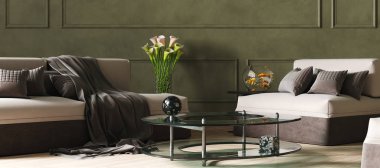 Koyu yeşil, modern oturma odası iç plan, 3D görüntüleme