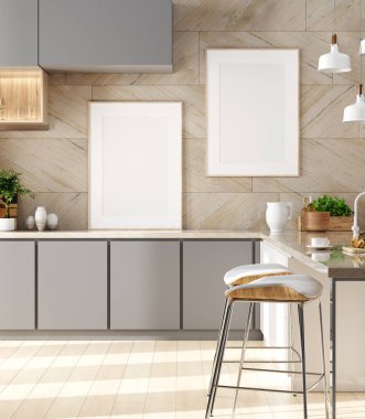 İskandinav tarzı, 3 boyutlu, rahat mutfak iç tasarımı posterler.