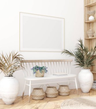 Mock up poster in Scandinavian interior with bench, baskets and palm branches in pots, 3d render clipart