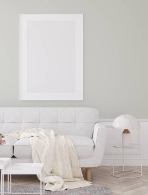 Poster çerçevesini ev içi arka plan, modern tarz oturma odası, 3 boyutlu görüntüleme