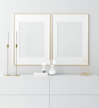 Altın çerçeveyi beyaz iç mekâna, basit modern dekora, İskandinav tarzına, 3D görüntüye dönüştür