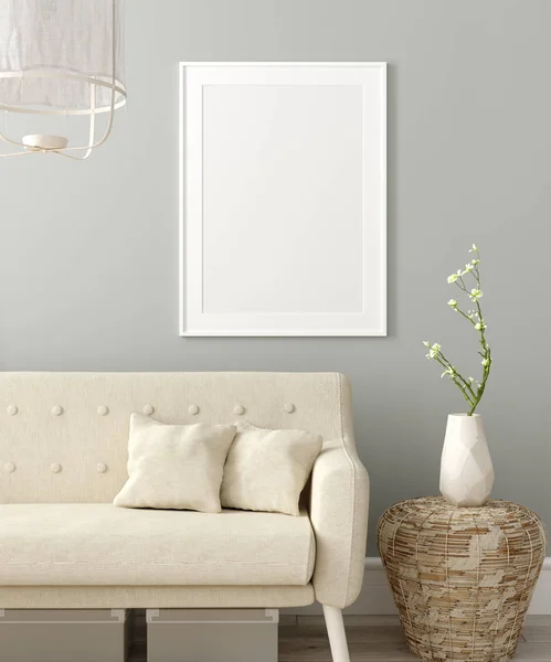 Mock up poster frame in living room interior. Interior Scandinavian style. 3d render