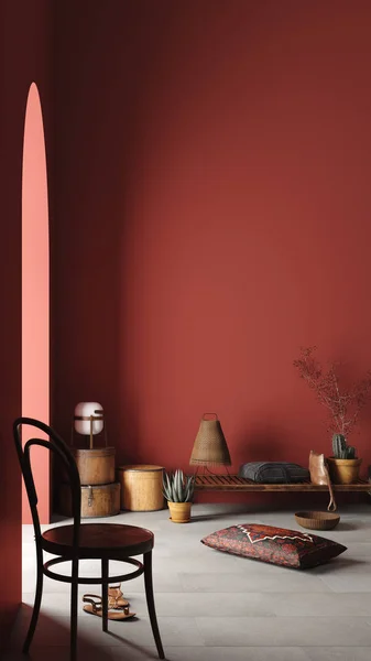 带有长椅 椅子和红色房间装饰的乡村家居室内模型 3D渲染 — 图库照片