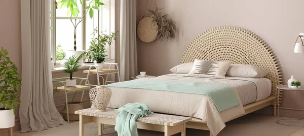 Interior Del Dormitorio Escandinavo Con Cama Tonos Beige Pastel Menta — Foto de Stock