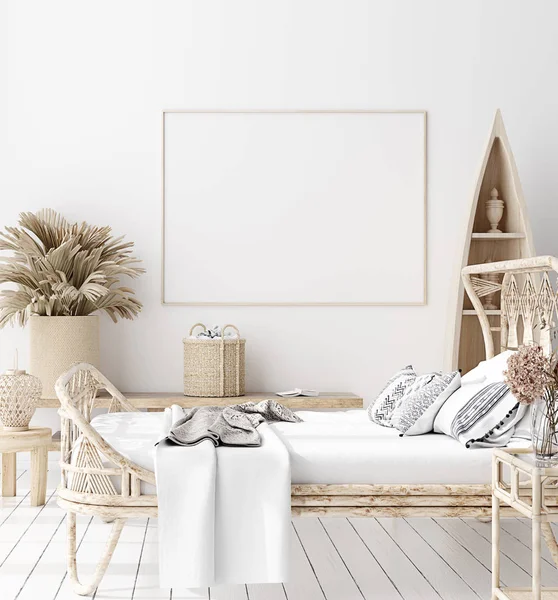 Mock Poster Wall Bedroom Scandinavian Style Render — Stock Photo, Image