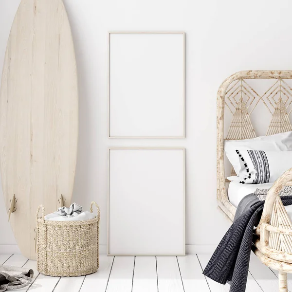 Mock Poster Wall Bedroom Scandinavian Style Render — Stock Photo, Image