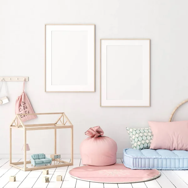 Affiche Maquillée Dans Fond Intérieur Chambre Des Enfants Style Scandinave — Photo