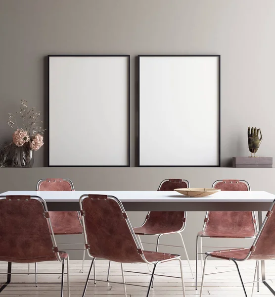 Wall, poster mock up in dining room, minimalist interior, 3d render