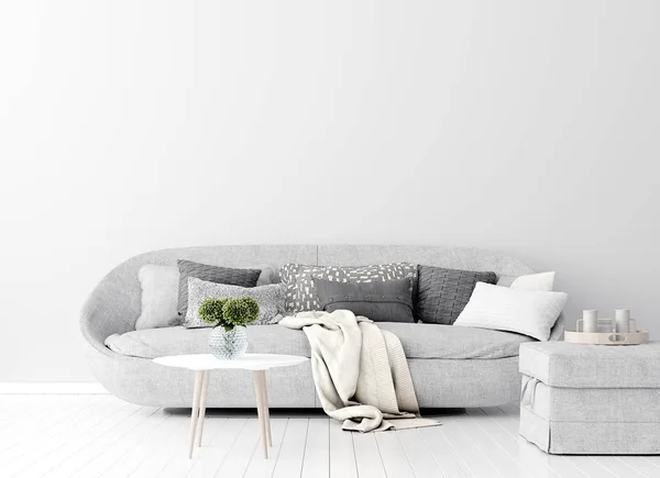グレーのソファと白い壁のモックアップとホームインテリア 北欧スタイル 3Dレンダリング — ストック写真