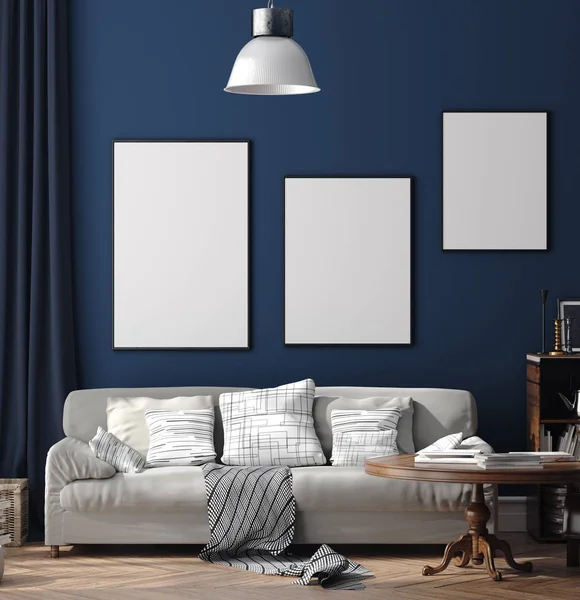 Interior Casa Escandinavo Azul Escuro Com Mobiliário Retro Parede Cartaz — Fotografia de Stock