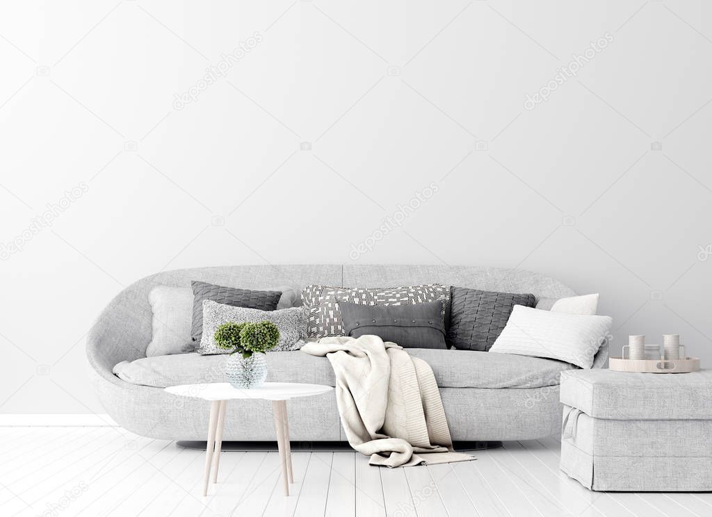 Home interior with gray sofa and white wall mock up, Scandinavian style, 3d render