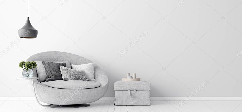 Home interior with gray sofa and white wall mock up, Scandinavian style, 3d render